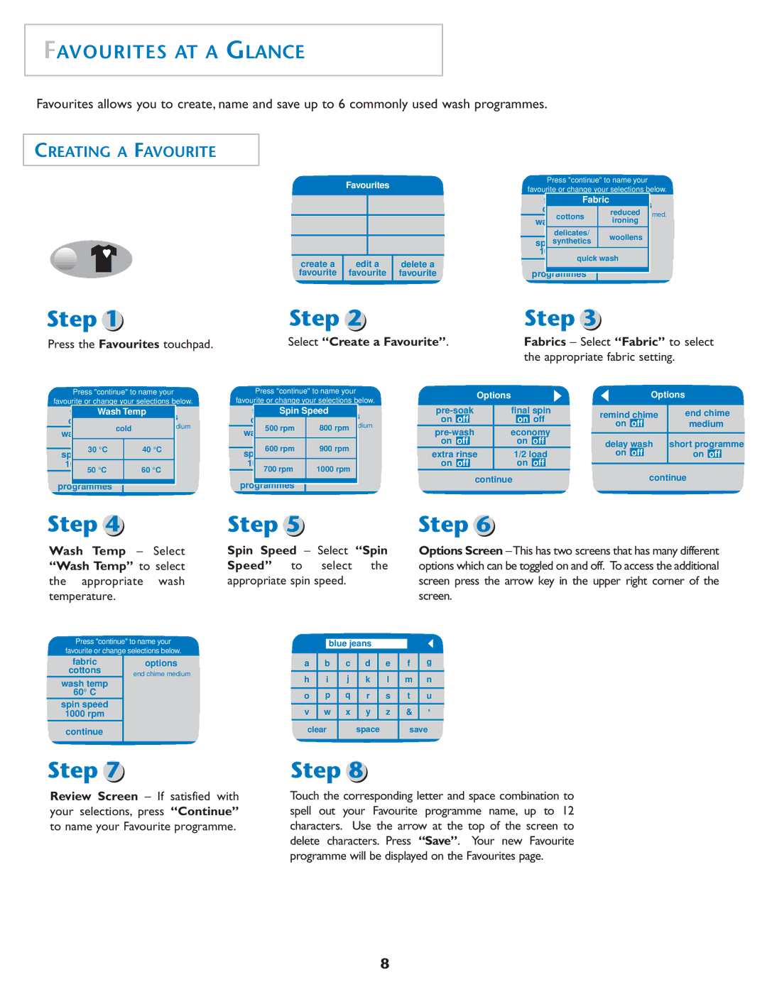 Maytag MAH7550AGW important safety instructions Favourites AT a Glance, Creating a Favourite, Select Create a Favourite 