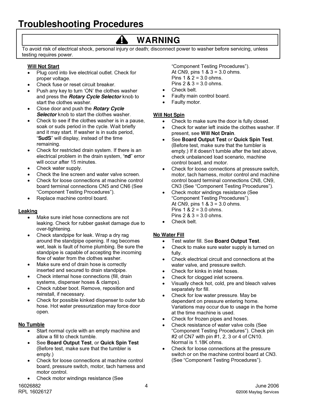 Maytag MAH8700A service manual Troubleshooting Procedures 