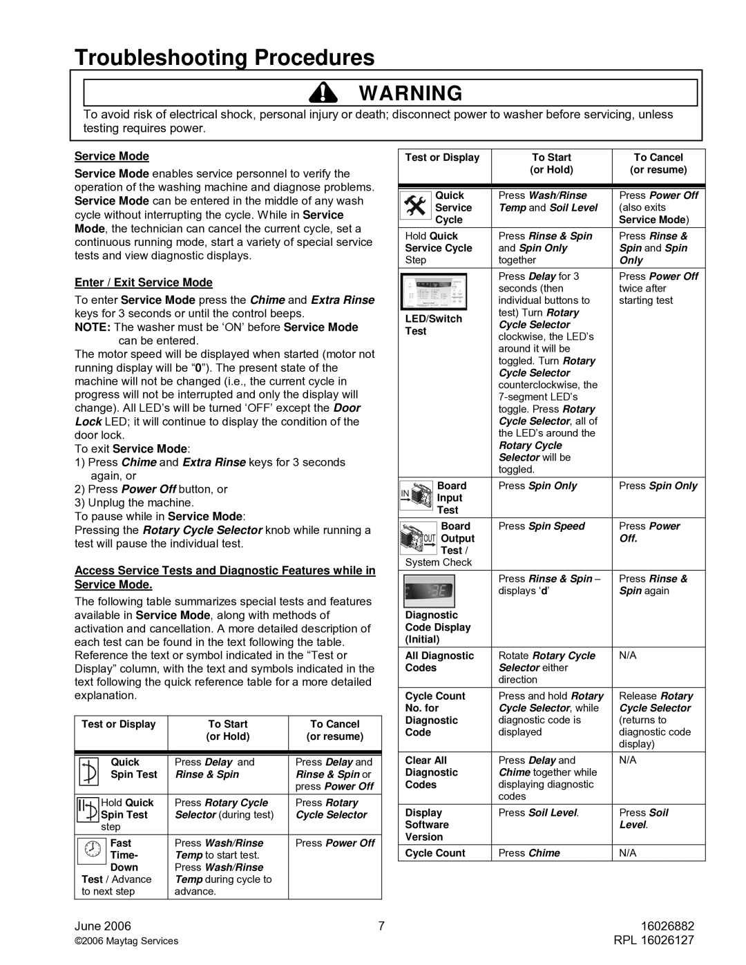 Maytag MAH8700A service manual Enter / Exit Service Mode, To exit Service Mode 