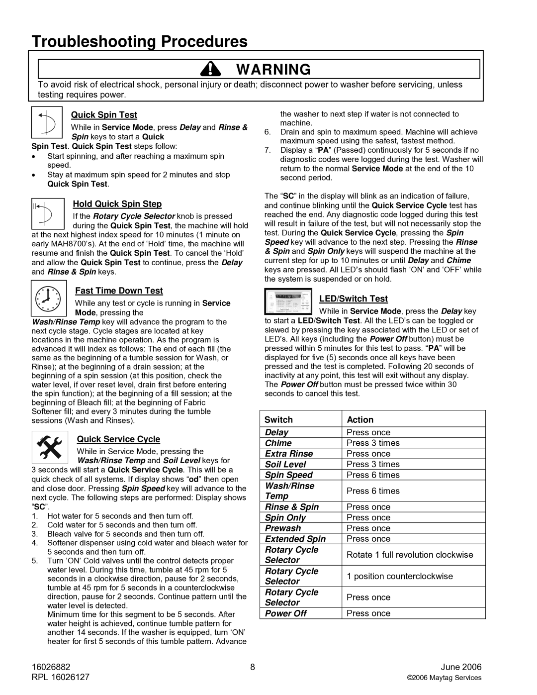 Maytag MAH8700A Quick Spin Test, Hold Quick Spin Step, ¤ Fast Time Down Test, Quick Service Cycle, LED/Switch Test 