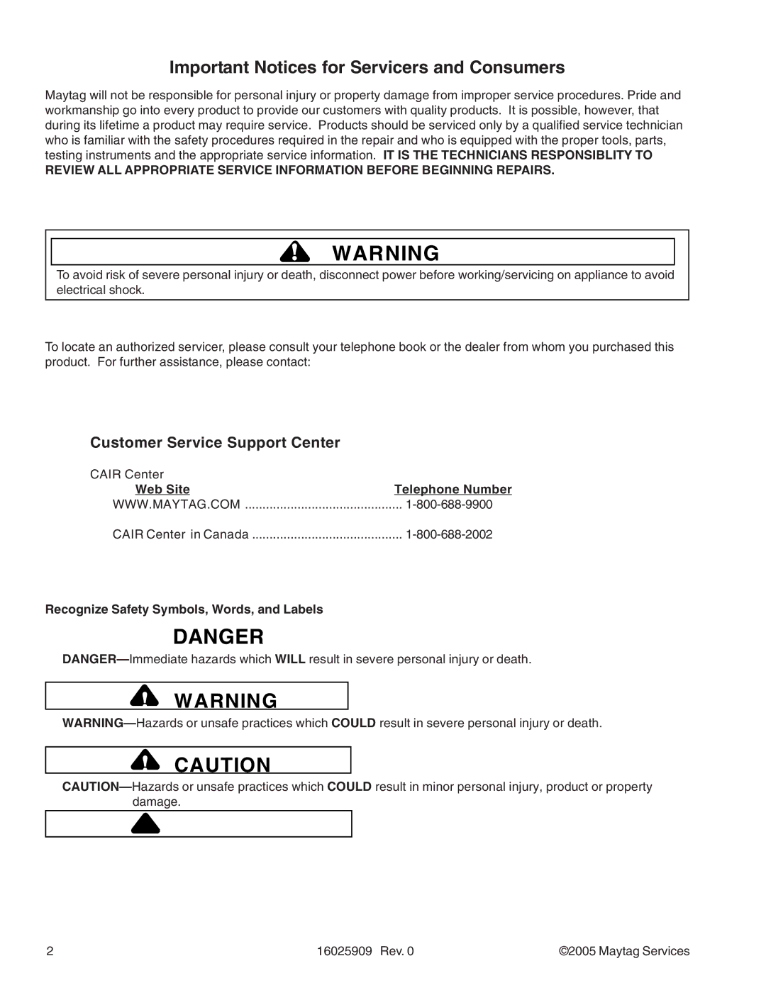 Maytag MAH9700AW* manual Important Notices for Servicers and Consumers 