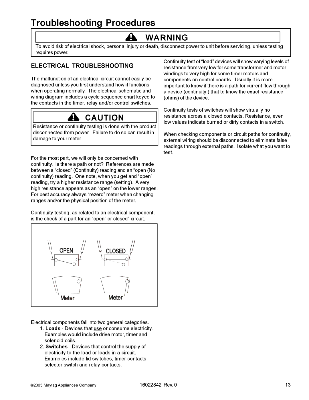 Maytag MAT12PSB, MAT12PRB, MAT12PRA, MAT12PRD, MAT12PDS, MAT12PSA, MAT12PRS, MAT12PDC, MAT12PDB manual Electrical Troubleshooting 