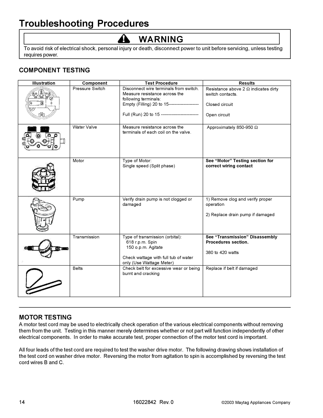 Maytag MAT12PRB, MAT12PSB, MAT12PRA, MAT12PRD, MAT12PDS, MAT12PSA, MAT12PRS, MAT12PDC, MAT12PDB Component Testing, Motor Testing 