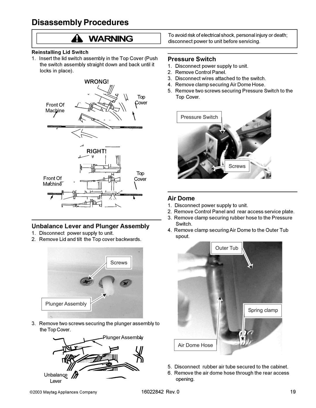 Maytag MAT12PRS, MAT12PSB manual Pressure Switch, Unbalance Lever and Plunger Assembly, Air Dome, Reinstalling Lid Switch 