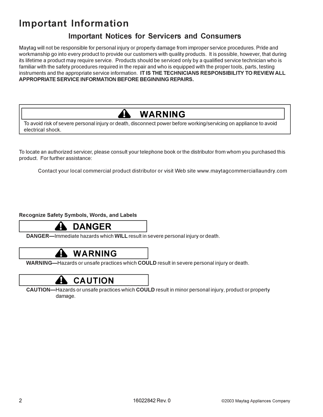 Maytag MAT12PRA, MAT12PSB, MAT12PRB, MAT12PRD, MAT12PDS Important Information, Recognize Safety Symbols, Words, and Labels 