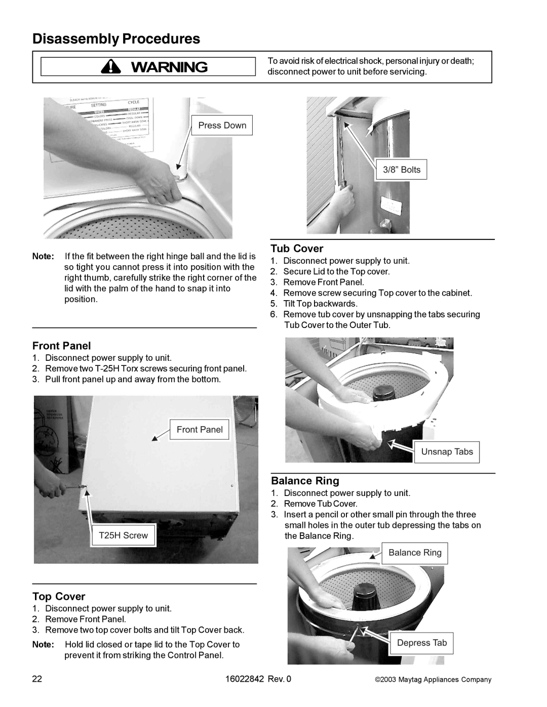 Maytag MAT12PDD, MAT12PSB, MAT12PRB, MAT12PRA, MAT12PRD, MAT12PDS, MAT12PSA Tub Cover, Front Panel, Balance Ring, Top Cover 