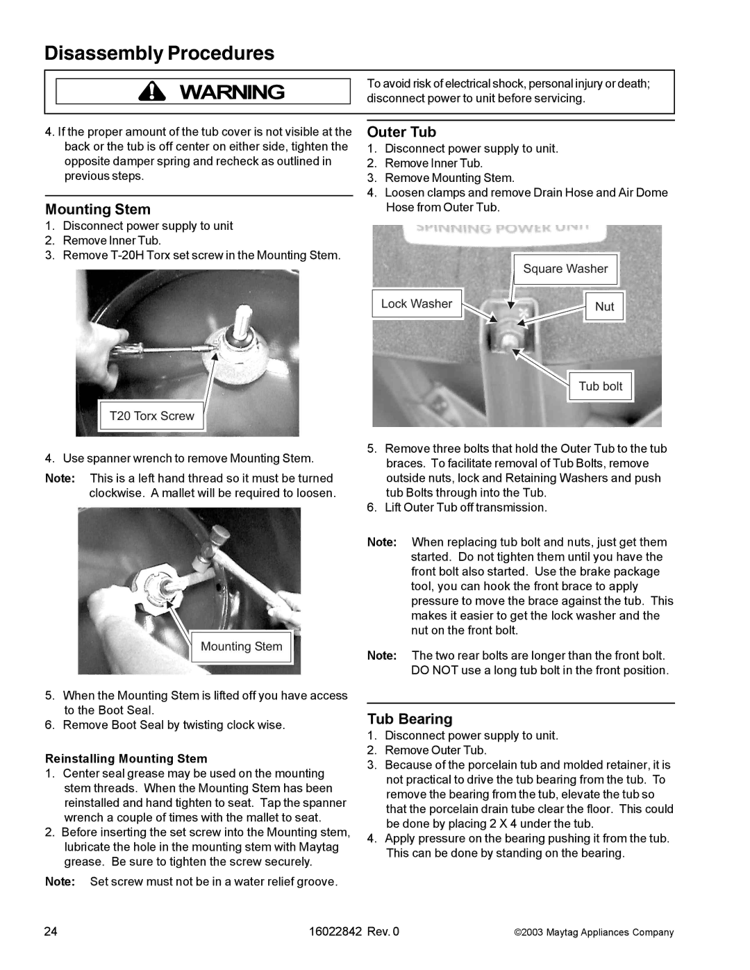 Maytag MAT13MNA, MAT12PSB, MAT12PRB, MAT12PRA, MAT12PRD, MAT12PDS manual Outer Tub, Tub Bearing, Reinstalling Mounting Stem 