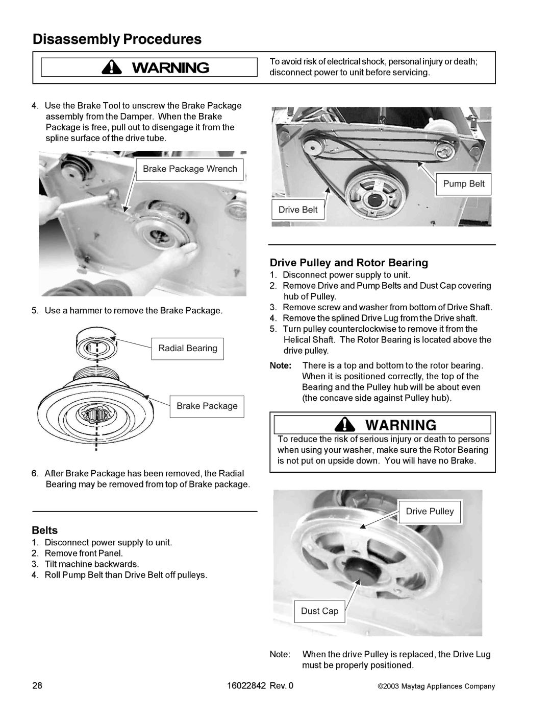 Maytag MAT12PRA, MAT12PSB, MAT12PRB, MAT12PRD, MAT12PDS, MAT12PSA, MAT12PRS, MAT12PDC manual Drive Pulley and Rotor Bearing, Belts 