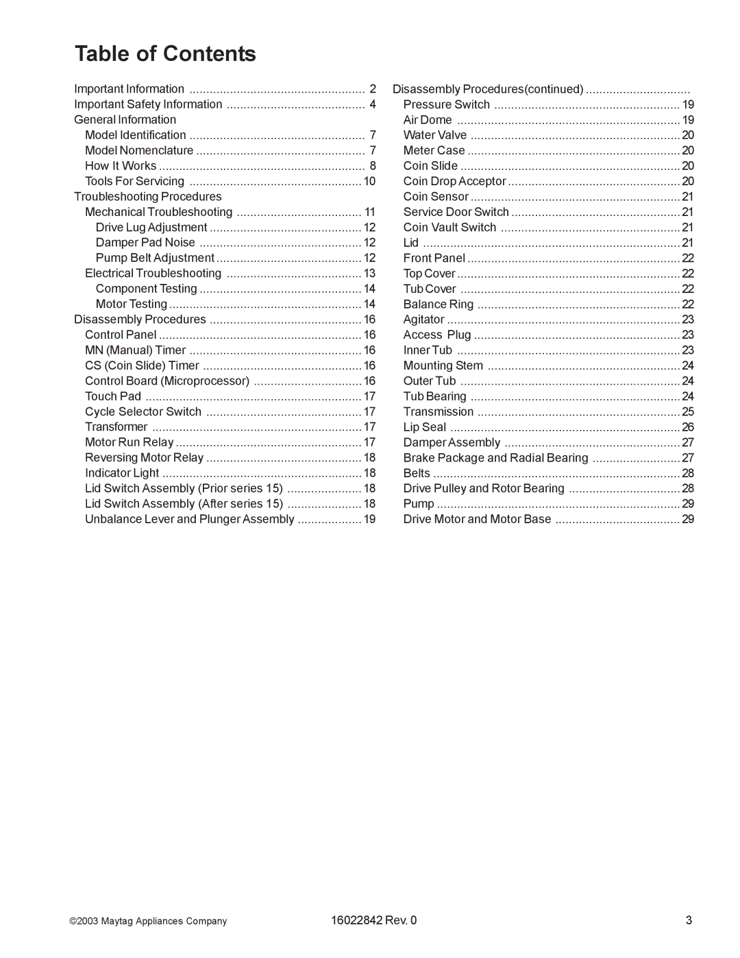 Maytag MAT12PRD, MAT12PSB, MAT12PRB, MAT12PRA, MAT12PDS, MAT12PSA, MAT12PRS, MAT12PDC, MAT12PDB, MAT12PDD manual Table of Contents 