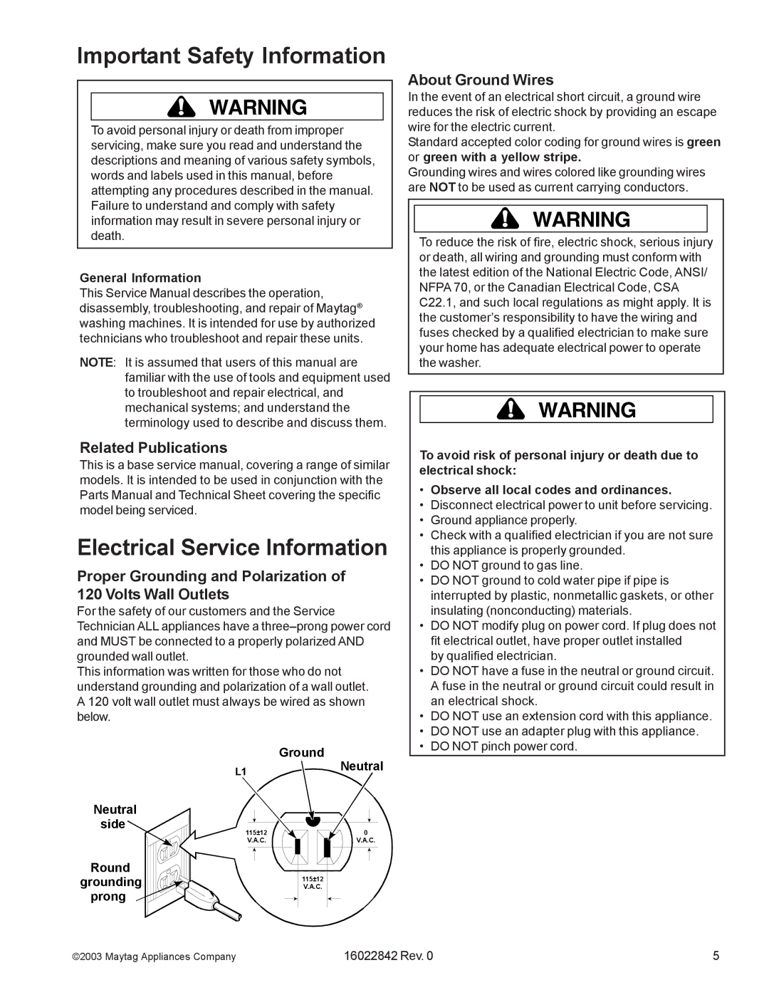 Maytag MAT12PSA, MAT12PSB, MAT12PRB, MAT12PRA manual Electrical Service Information, Related Publications, About Ground Wires 