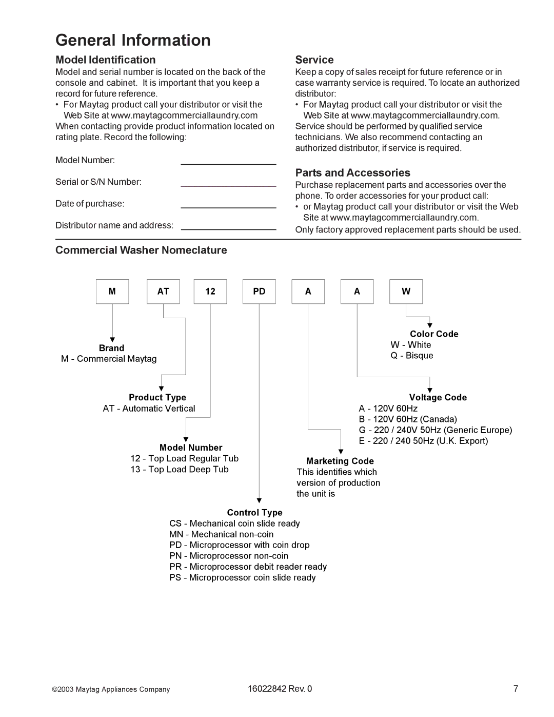 Maytag MAT12PDC General Information, Model Identification, Service, Parts and Accessories, Commercial Washer Nomeclature 