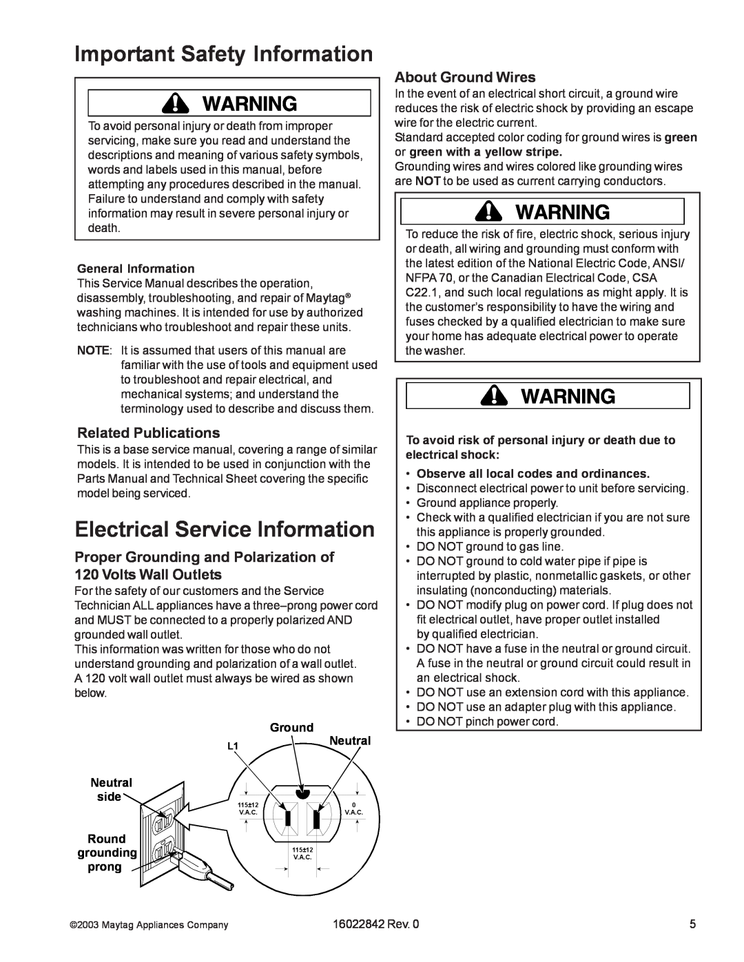 Maytag MAT12PSA Electrical Service Information, Related Publications, About Ground Wires, Important Safety Information 
