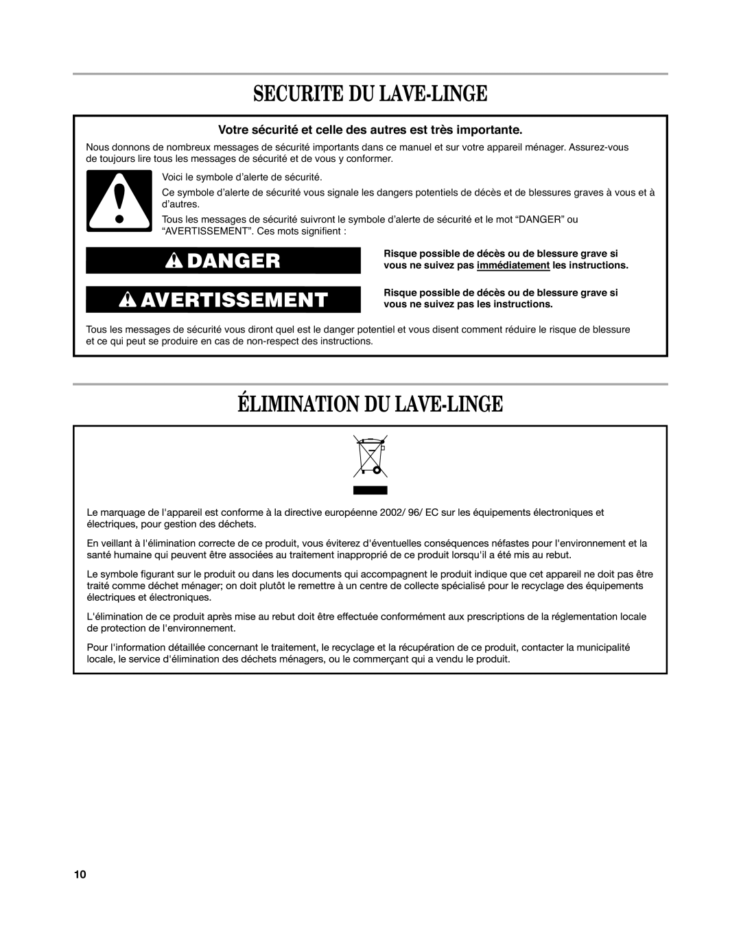 Maytag MAT15MN, MAT14CS installation instructions Securite DU LAVE-LINGE, Élimination DU LAVE-LINGE 