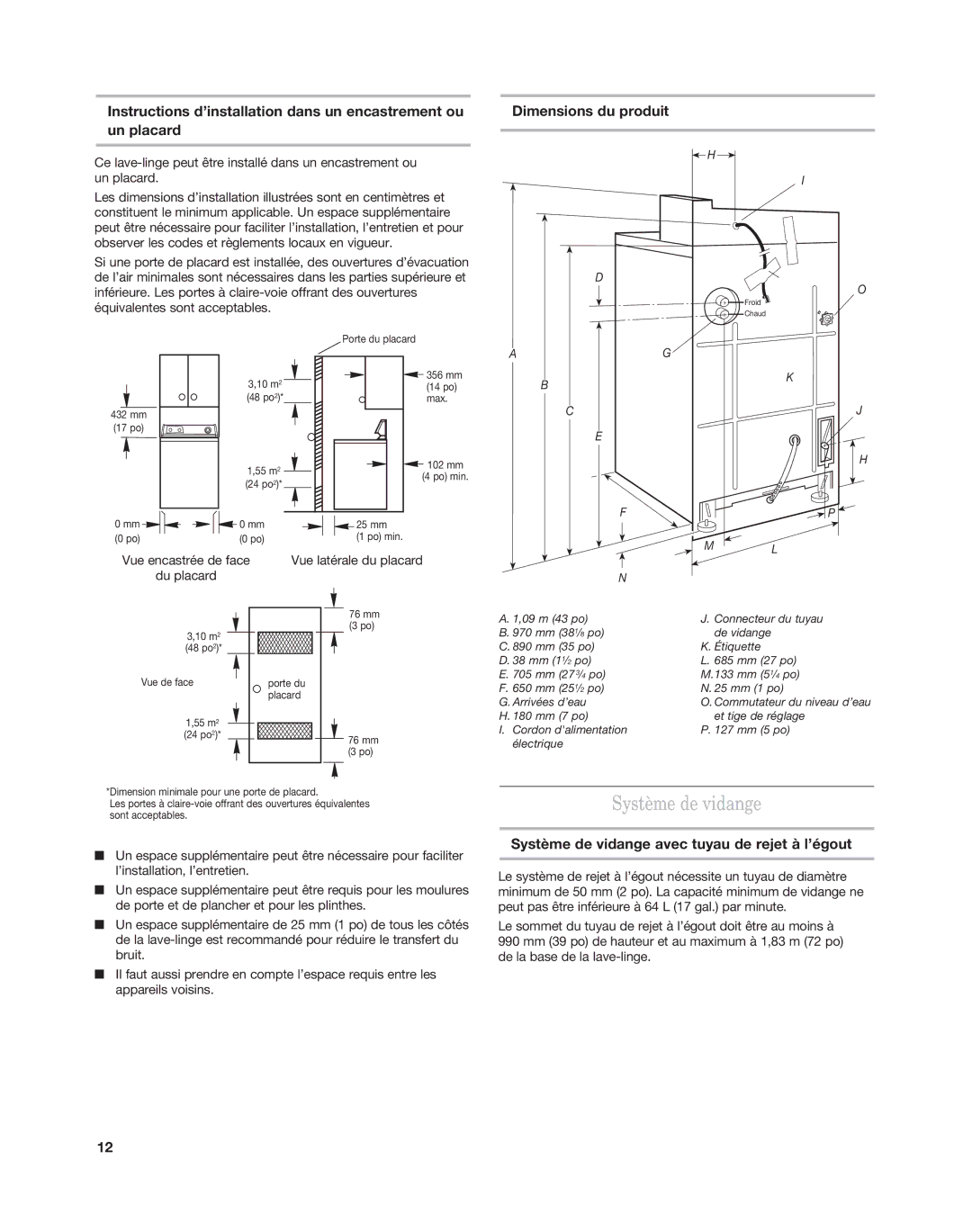 Maytag MAT15MN, MAT14CS Dimensions du produit, Système de vidange avec tuyau de rejet à l’égout 