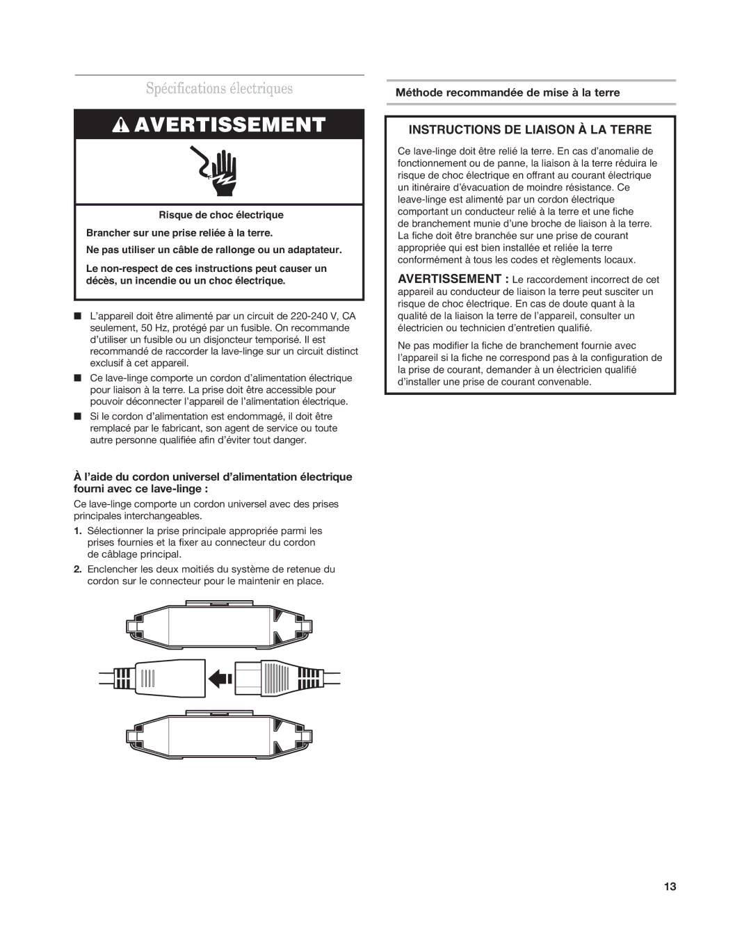 Maytag MAT14CS, MAT15MN installation instructions Spécifications électriques, Méthode recommandée de mise à la terre 