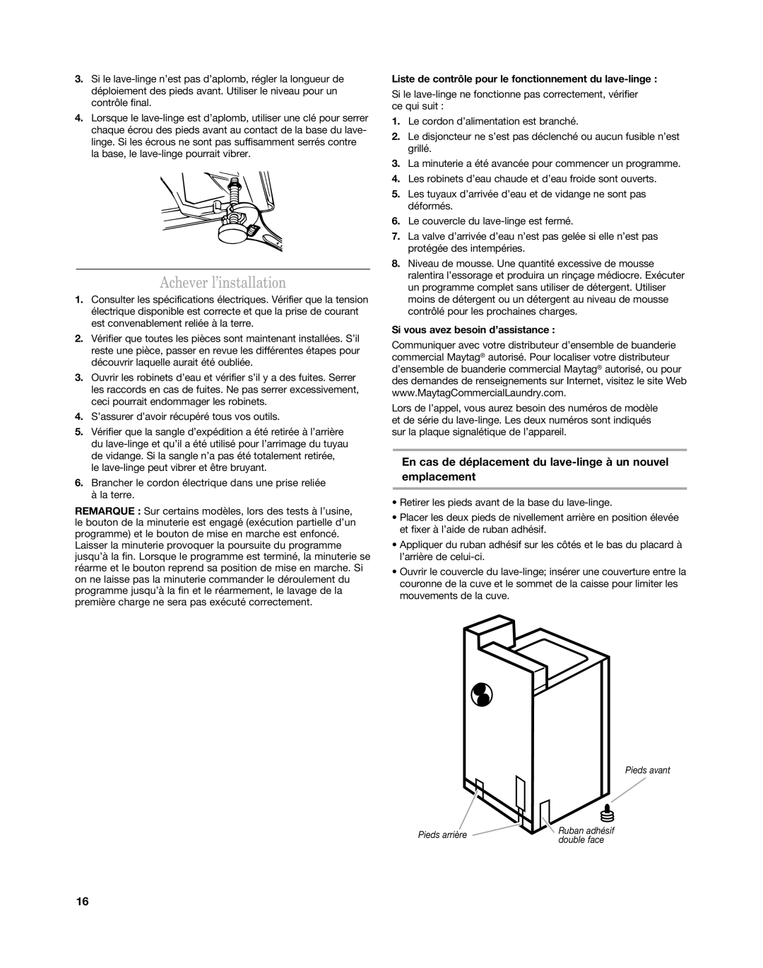 Maytag MAT15MN, MAT14CS Achever l’installation, En cas de déplacement du lave-linge à un nouvel emplacement 