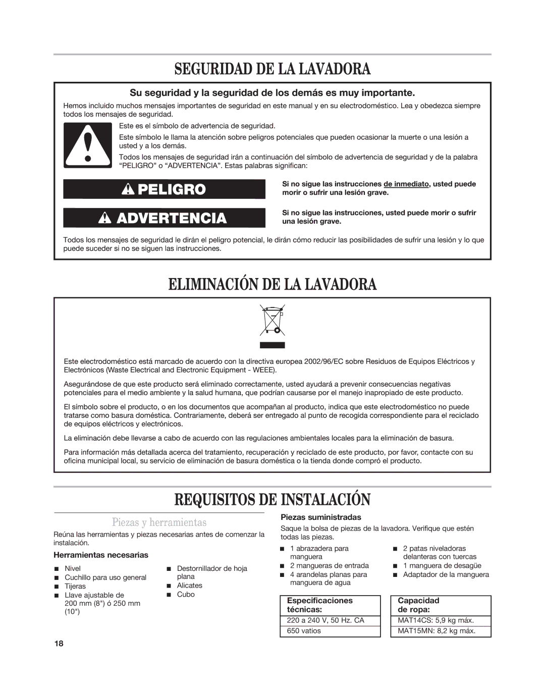 Maytag MAT15MN, MAT14CS installation instructions Piezas y herramientas, Piezas suministradas, Herramientas necesarias 