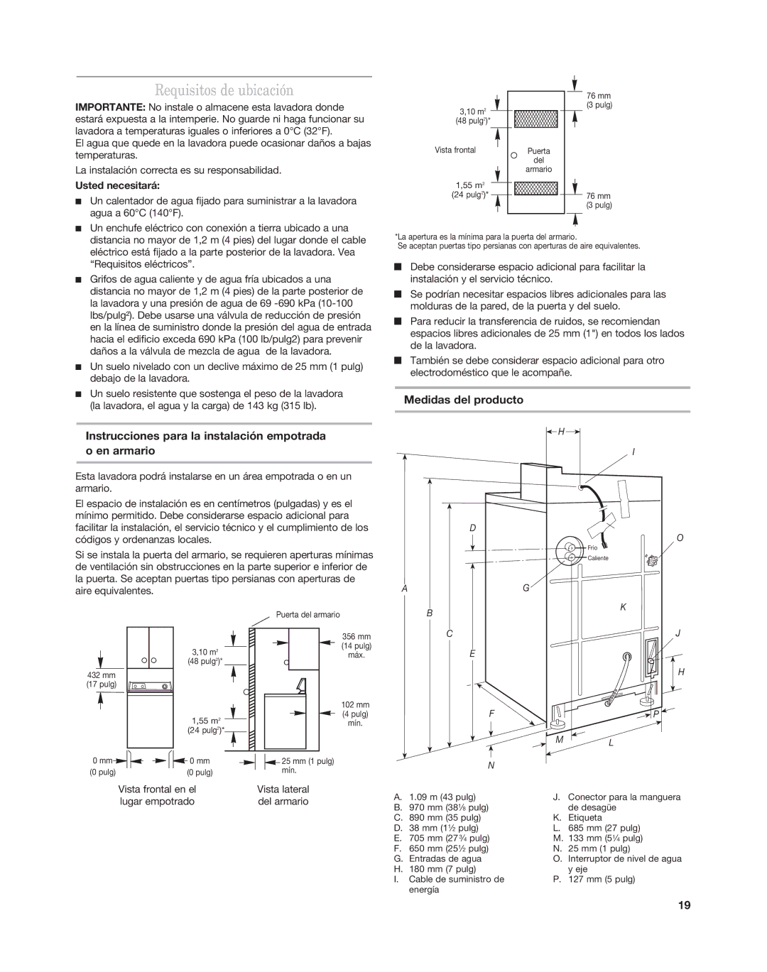 Maytag MAT14CS Requisitos de ubicación, Instrucciones para la instalación empotrada o en armario, Medidas del producto 