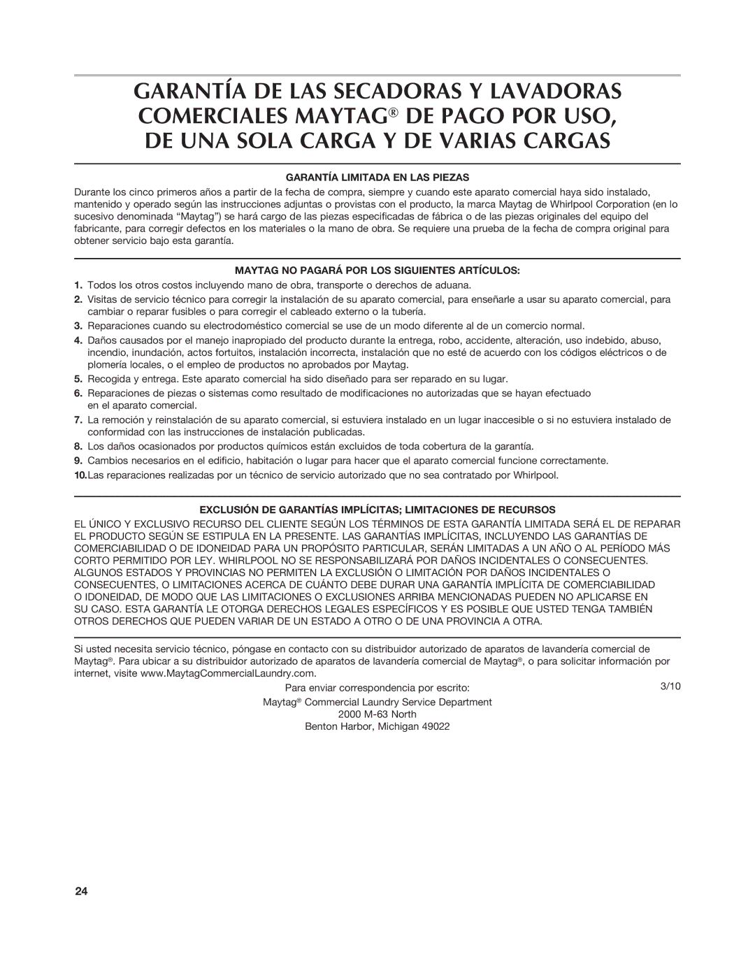 Maytag MAT15MN, MAT14CS Garantía Limitada EN LAS Piezas, Maytag no Pagará POR LOS Siguientes Artículos 