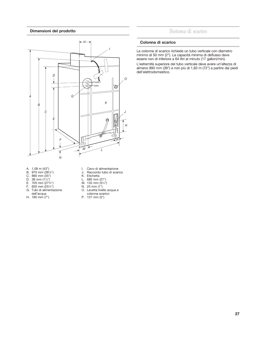 Maytag MAT14CS, MAT15MN installation instructions Sistema di scarico, Dimensioni del prodotto, Colonna di scarico 