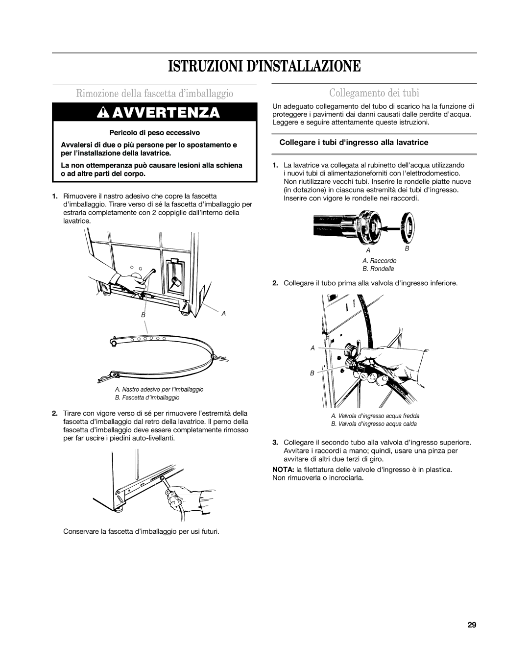 Maytag MAT14CS, MAT15MN installation instructions Istruzioni D’INSTALLAZIONE, Collegare i tubi dingresso alla lavatrice 