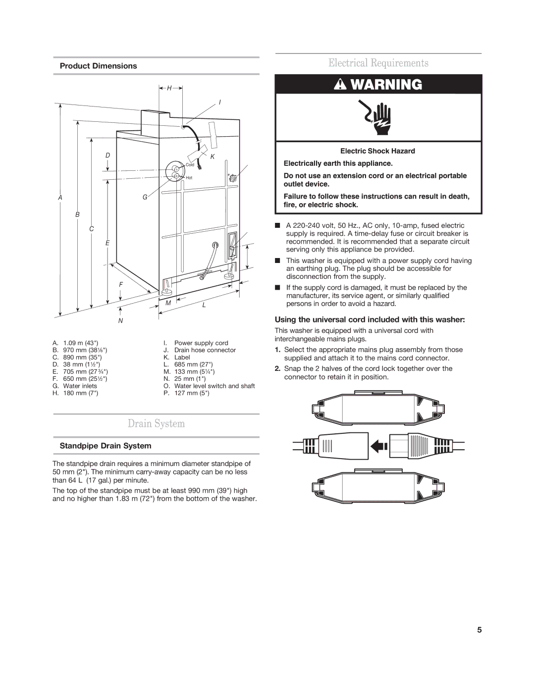 Maytag MAT14CS, MAT15MN installation instructions Electrical Requirements, Product Dimensions, Standpipe Drain System 