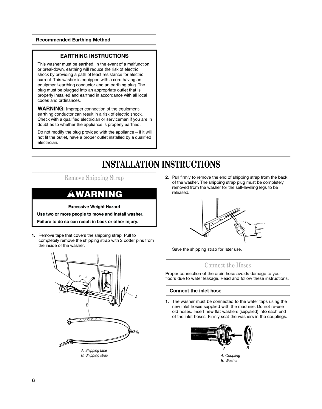 Maytag MAT15MN, MAT14CS Installation Instructions, Remove Shipping Strap, Connect the Hoses, Recommended Earthing Method 