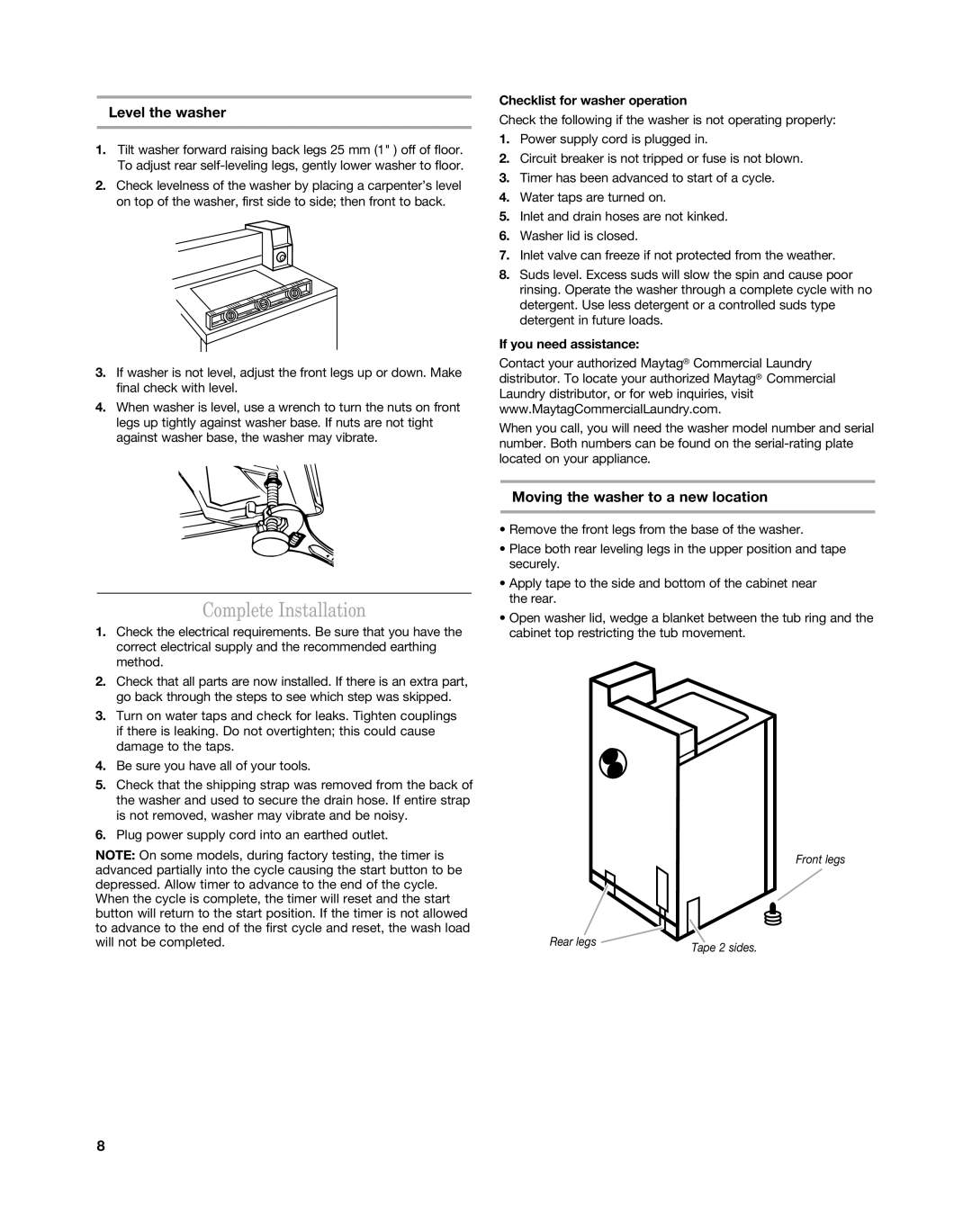 Maytag MAT15MN Complete Installation, Level the washer, Moving the washer to a new location, If you need assistance 