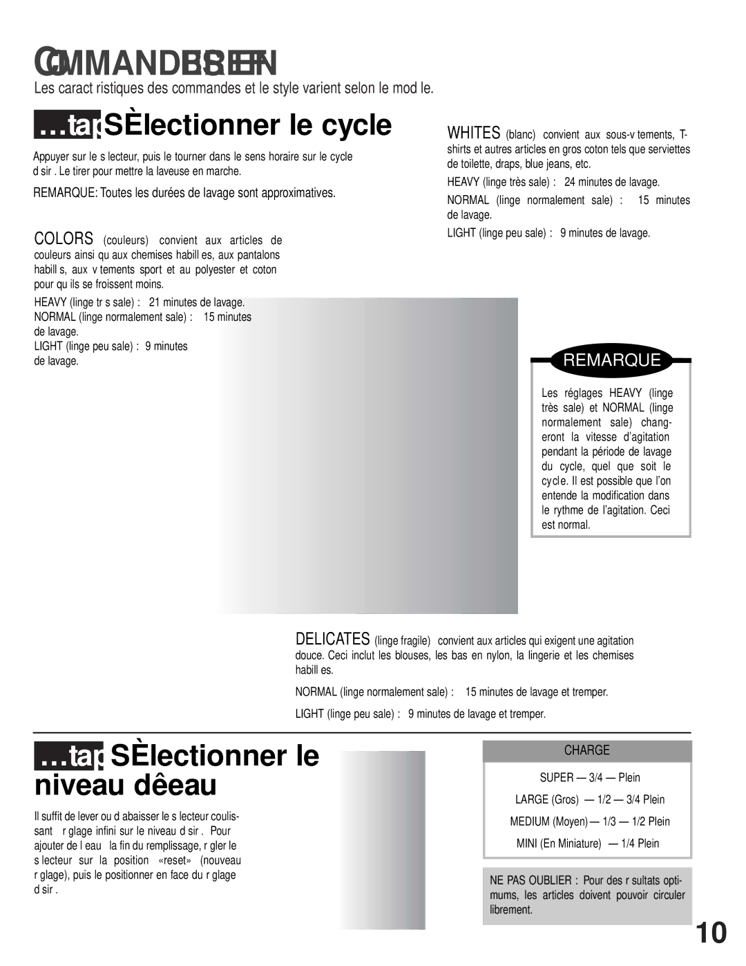 Maytag MAV-12 warranty Commandes EN Bref, Étape 1 Sélectionner le cycle, Remarque, Charge 