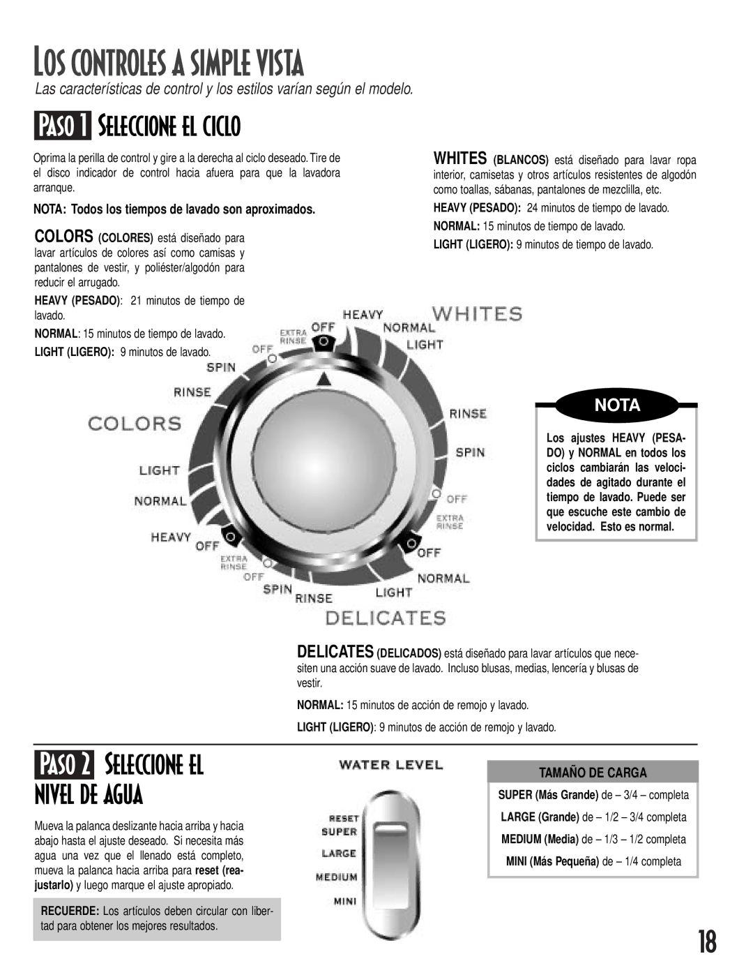 Maytag MAV-12 warranty LOS Controles a Simple Vista, Paso 1 Seleccione el ciclo, Nota, Tamaño DE Carga 