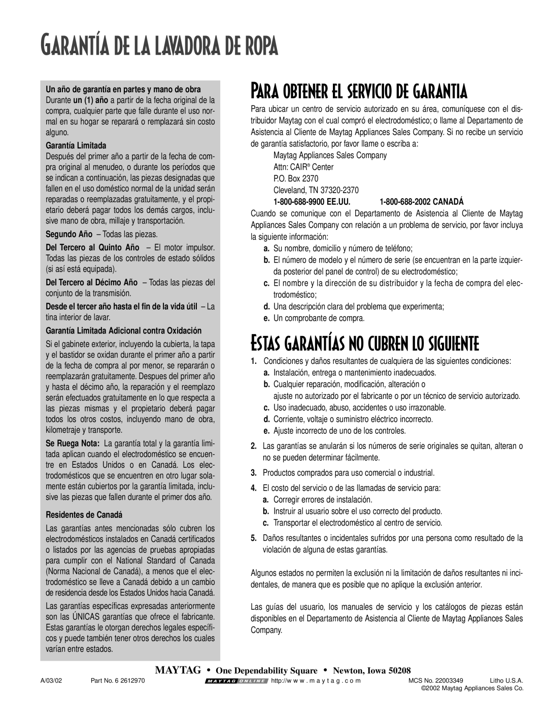 Maytag MAV-12 warranty Garantía DE LA Lavadora DE Ropa, Segundo Año Todas las piezas 