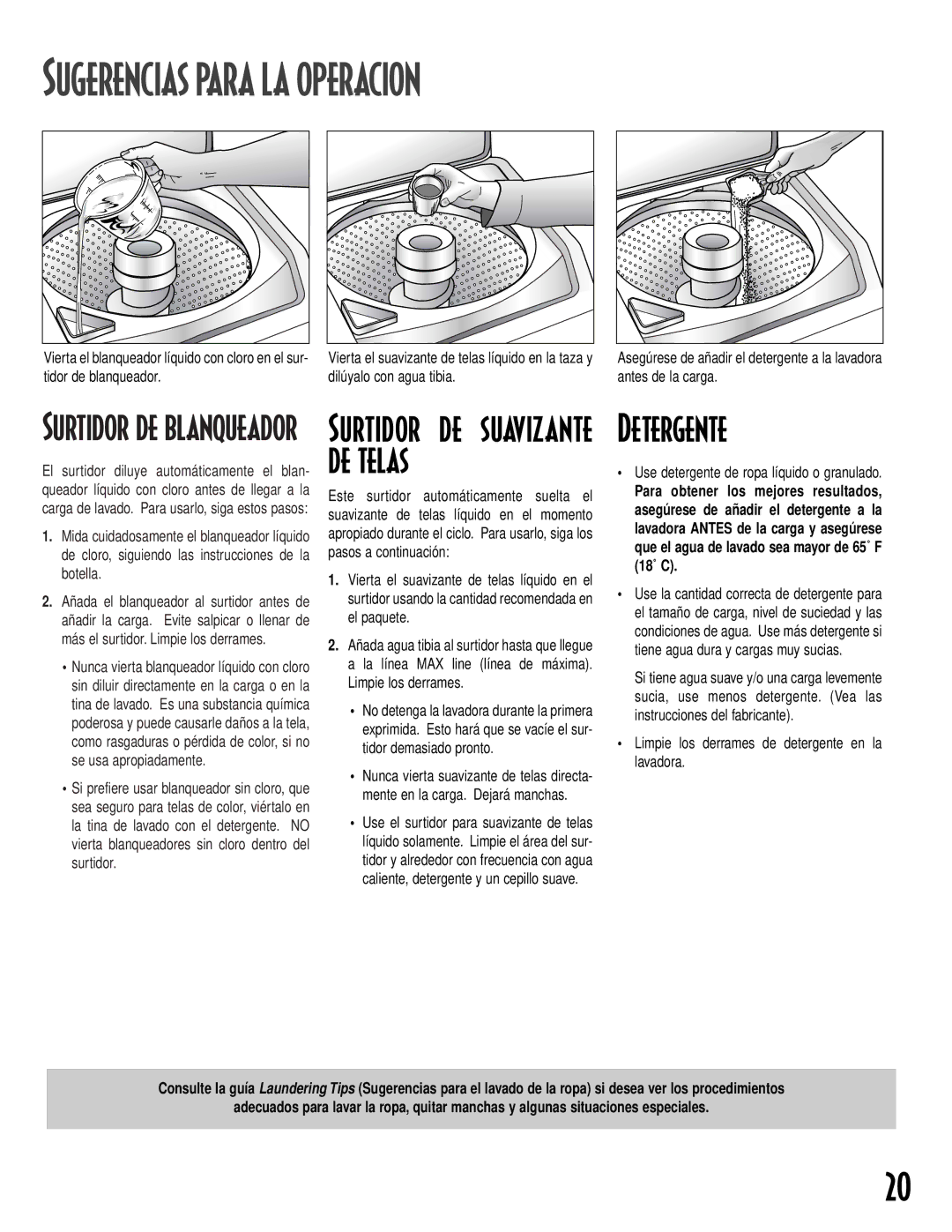 Maytag MAV-15, 22003351, 2612990 Sugerencias Para LA Operacion, Detergente, Use detergente de ropa líquido o granulado 