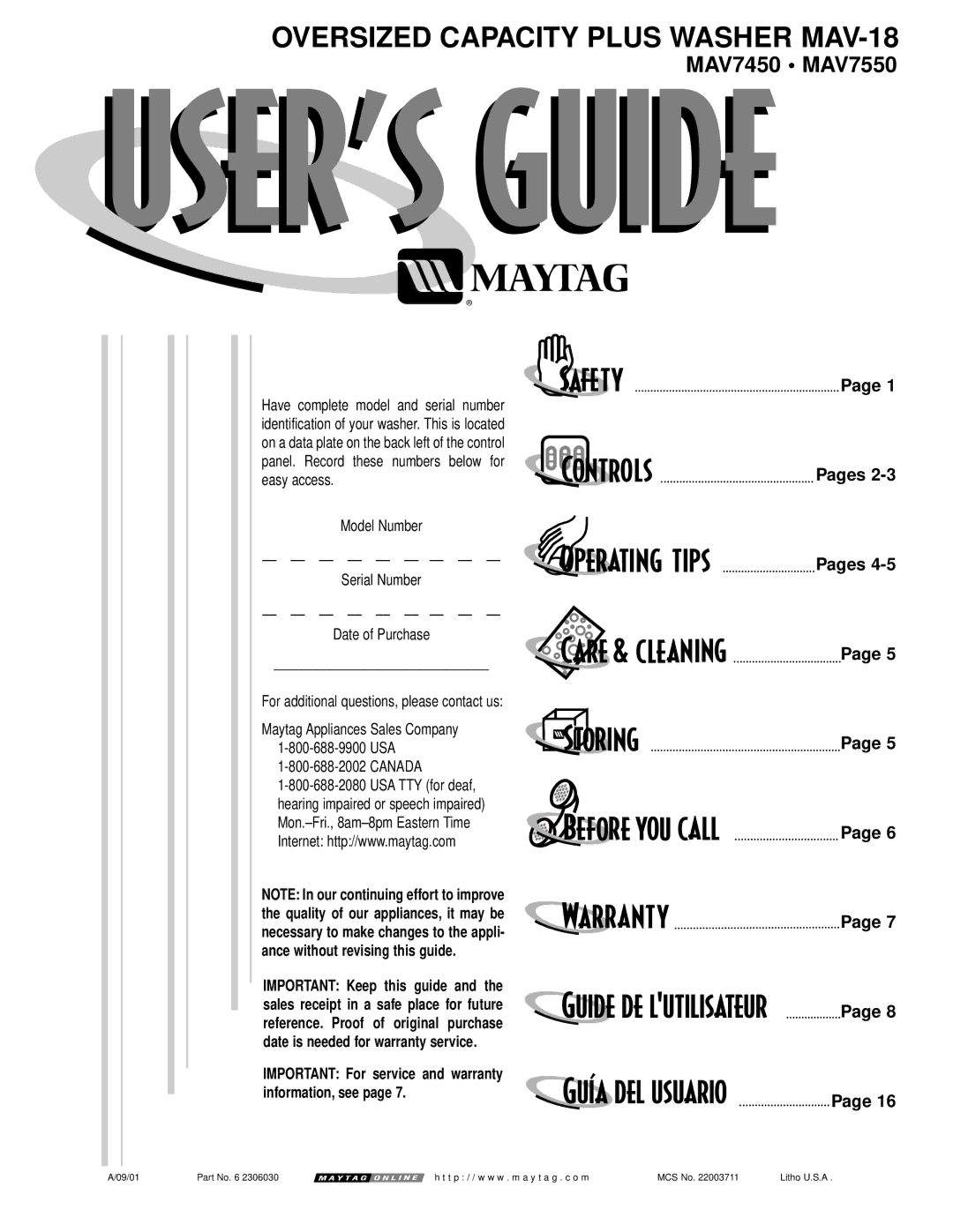 Maytag MAV-18 warranty Pages, Model Number Serial Number Date of Purchase, Canada 