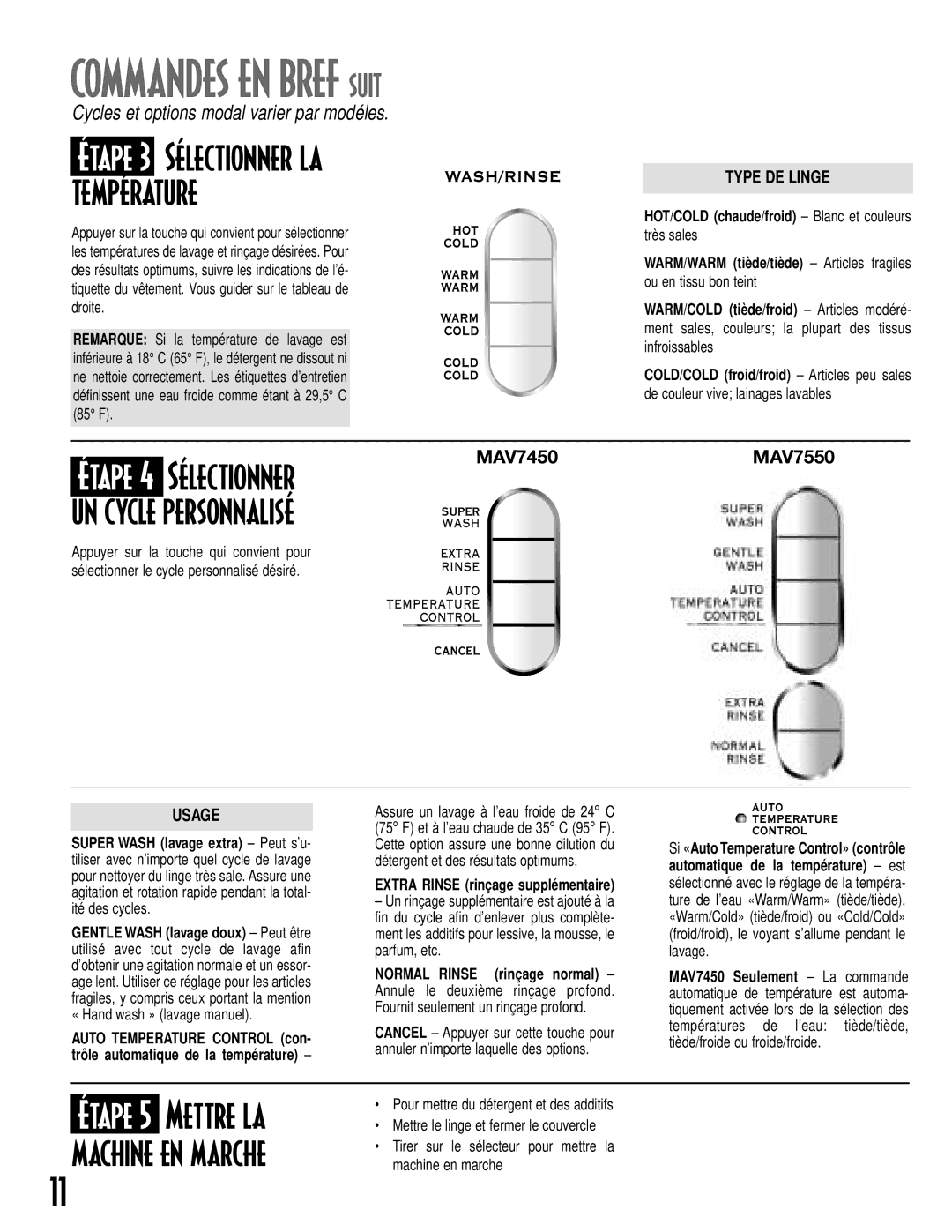 Maytag MAV-18 warranty Étape 4 Sélectionner, Étape 5 Mettre la, Étape 3 Sélectionner la température, Type DE Linge, Usage 