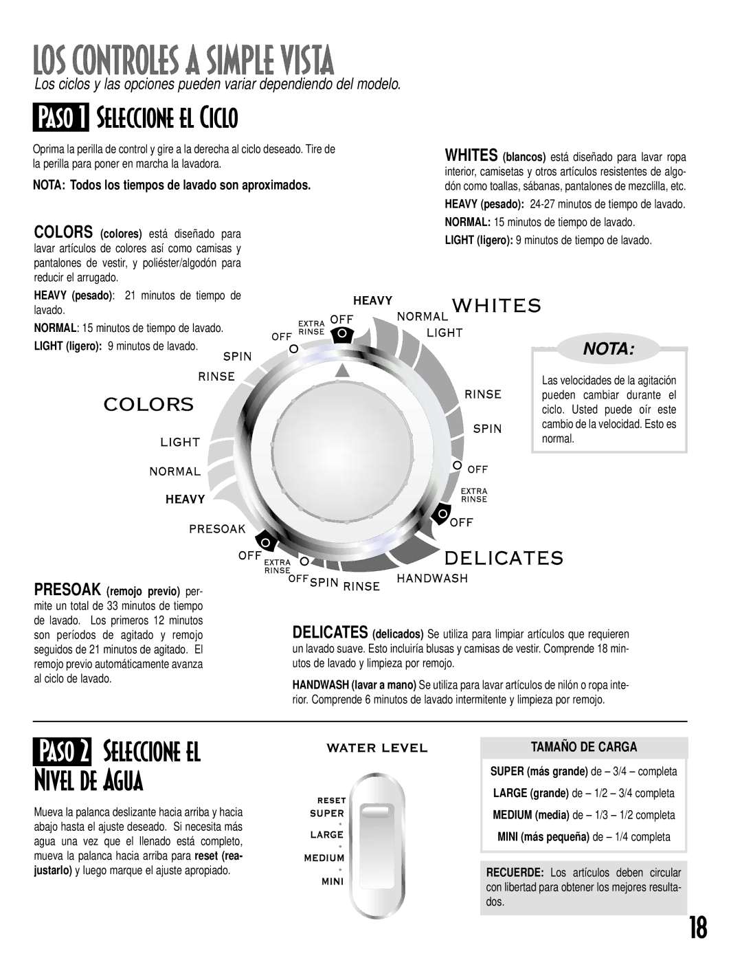 Maytag MAV-18 LOS Controles a Simple Vista, Paso 1 Seleccione el Ciclo, Nota Todos los tiempos de lavado son aproximados 