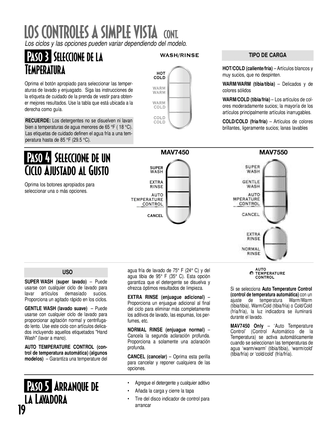 Maytag MAV-18 warranty Paso 3 Seleccione de la Temperatura, La Lavadora, Tipo DE Carga, Uso 