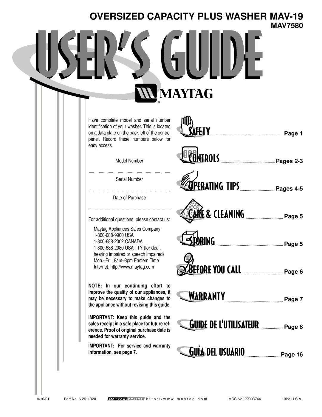 Maytag MAV-19 warranty Canada, Important For service and warranty Information, see 