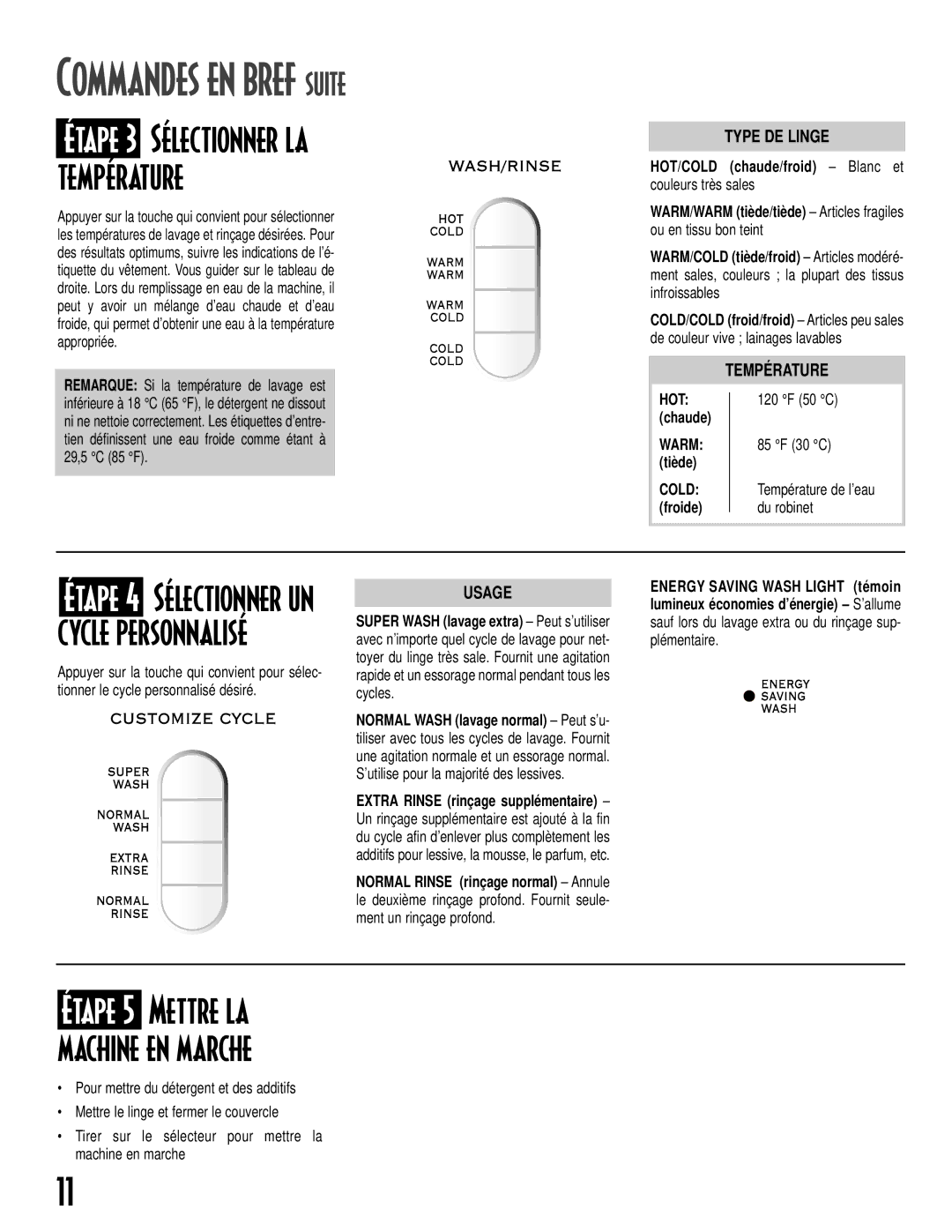 Maytag MAV-19 warranty Étape 3 Sélectionner la Température, Étape 4 Sélectionner un cycle personnalisé 