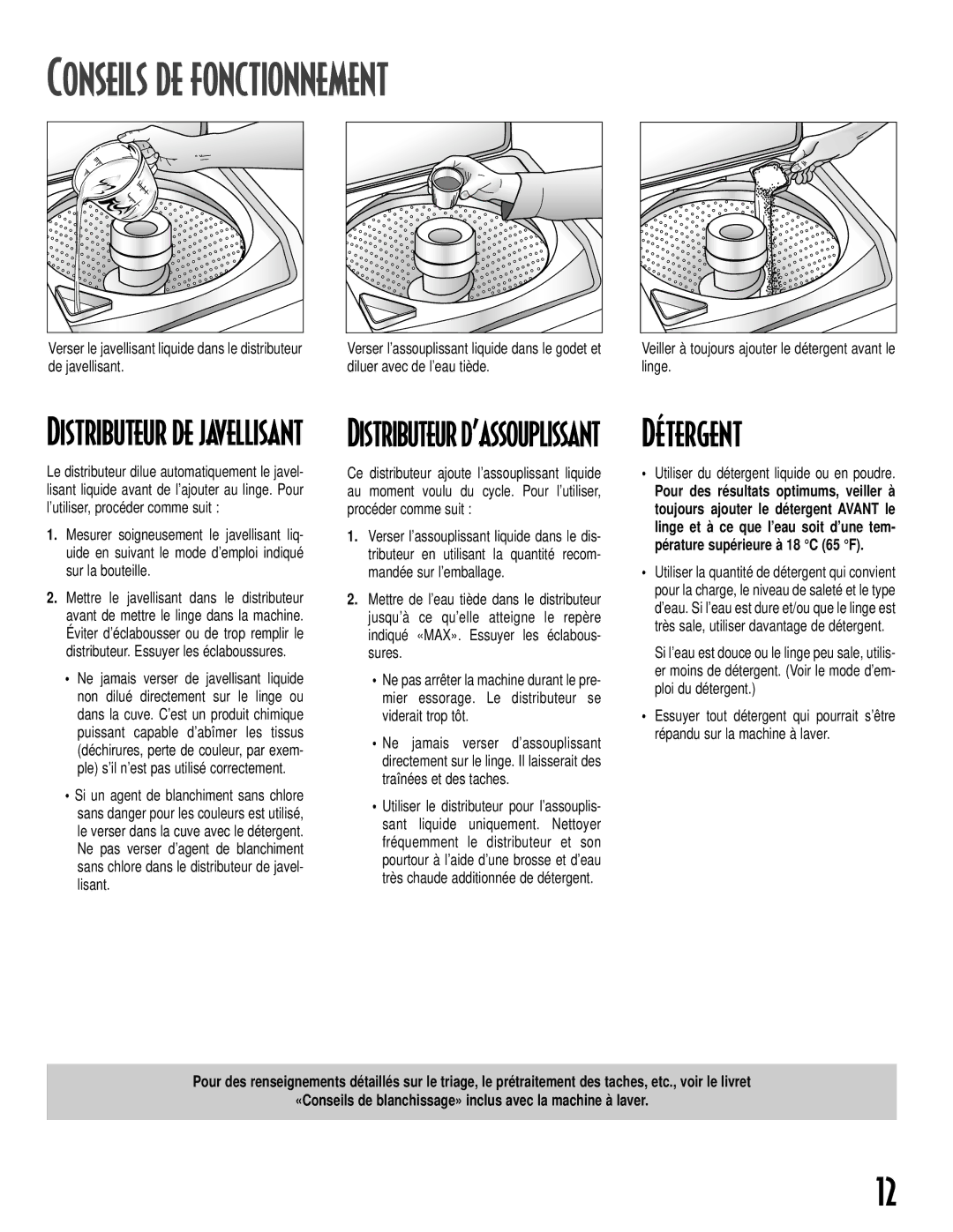 Maytag MAV-19 warranty Conseils DE Fonctionnement, Détergent, Distributeur de javellisant, Distributeur d’assouplissant 