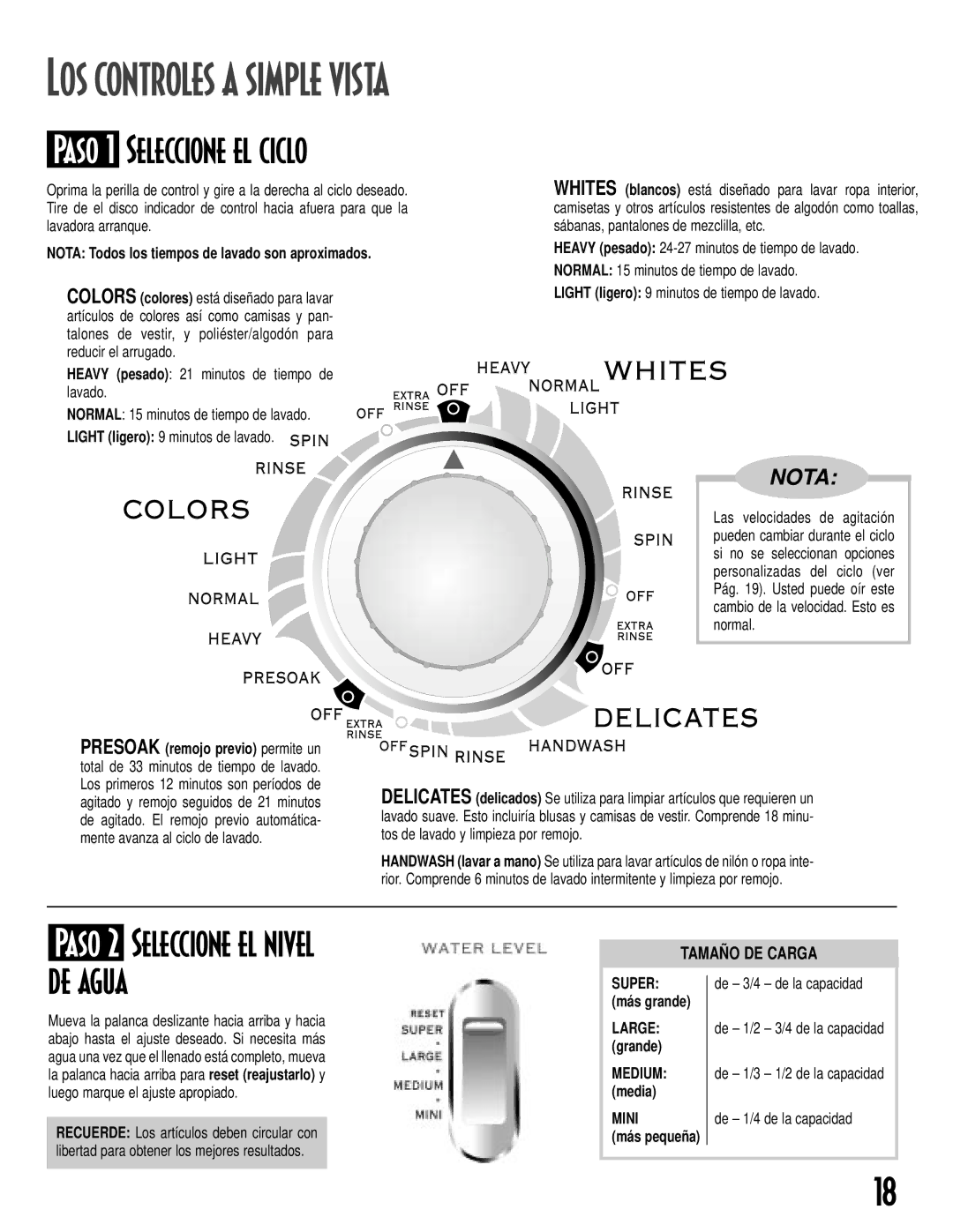 Maytag MAV-19 warranty LOS Controles a Simple Vista, Paso 1 Seleccione el ciclo, Paso 2 Seleccione el nivel, De agua 