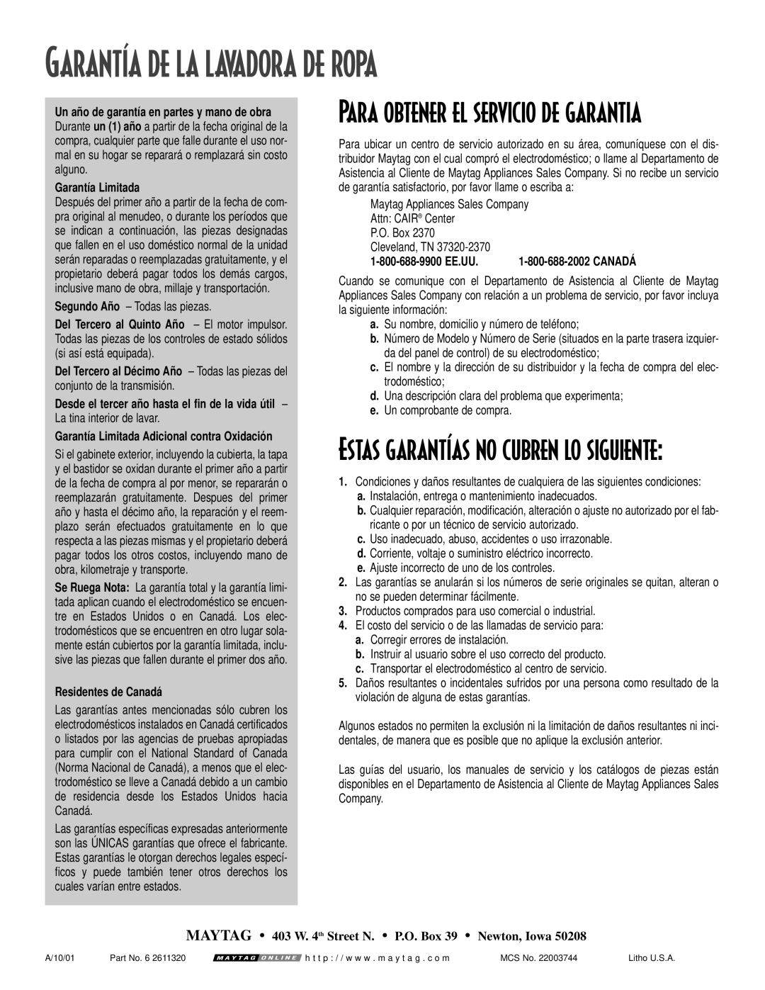 Maytag MAV-19 warranty Garantía DE LA Lavadora DE Ropa, Garantía Limitada, Del Tercero al Quinto Año El motor impulsor 