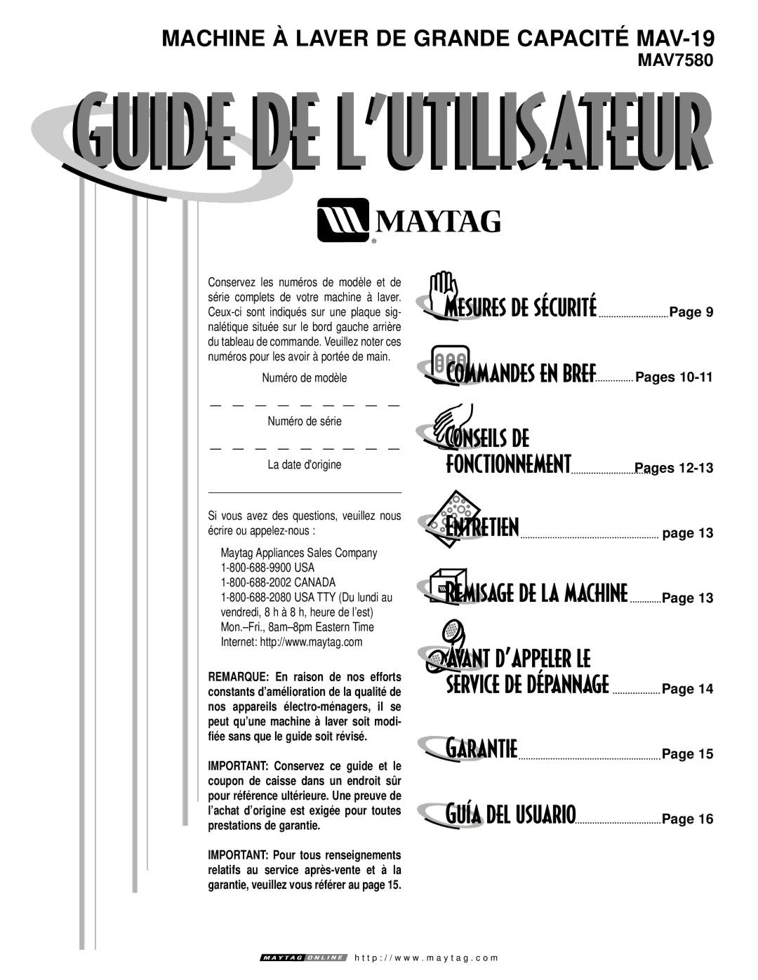 Maytag warranty Machine À Laver DE Grande Capacité MAV-19, Numéro de modèle 