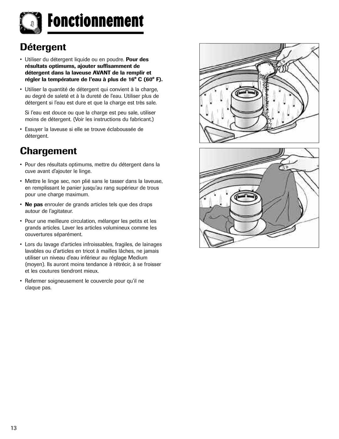 Maytag MAV-3 important safety instructions Fonctionnement, Détergent, Chargement 