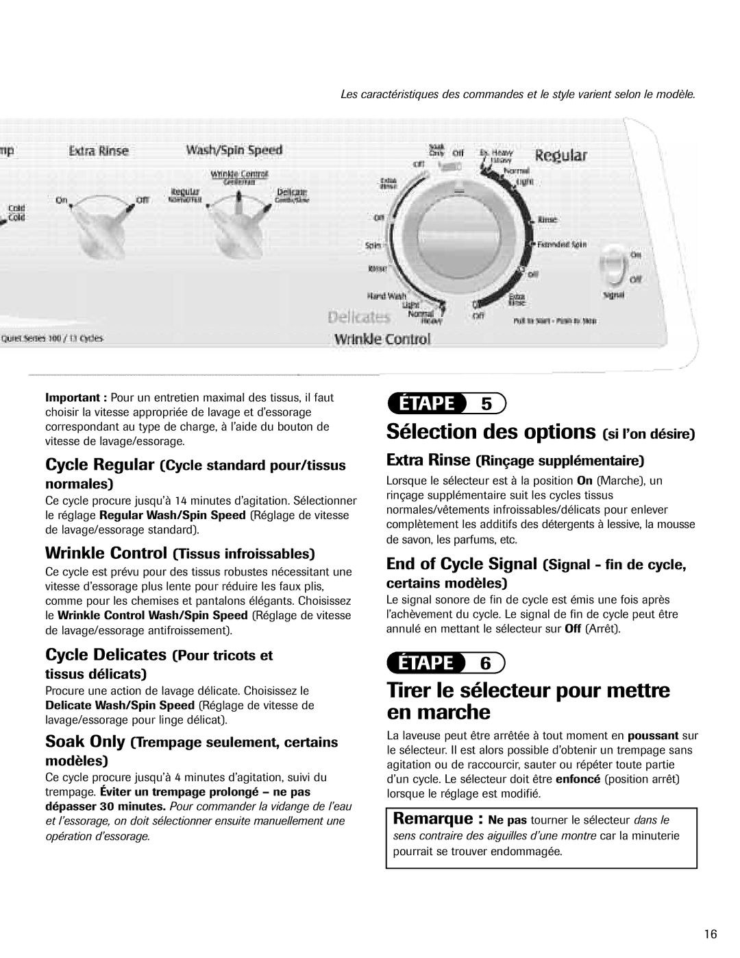 Maytag MAV-3 important safety instructions Sélection des options si l’on désire, Tirer le sélecteur pour mettre en marche 