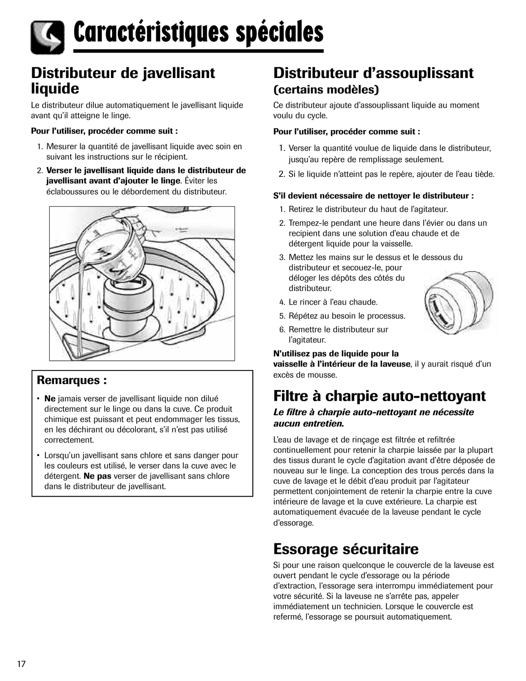 Maytag MAV-3 Caractéristiques spéciales, Distributeur de javellisant liquide, Distributeur d’assouplissant 