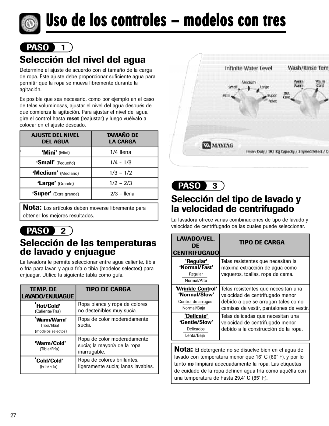 Maytag MAV-3 important safety instructions Selección del nivel del agua, Selección de las temperaturas de lavado y enjuague 