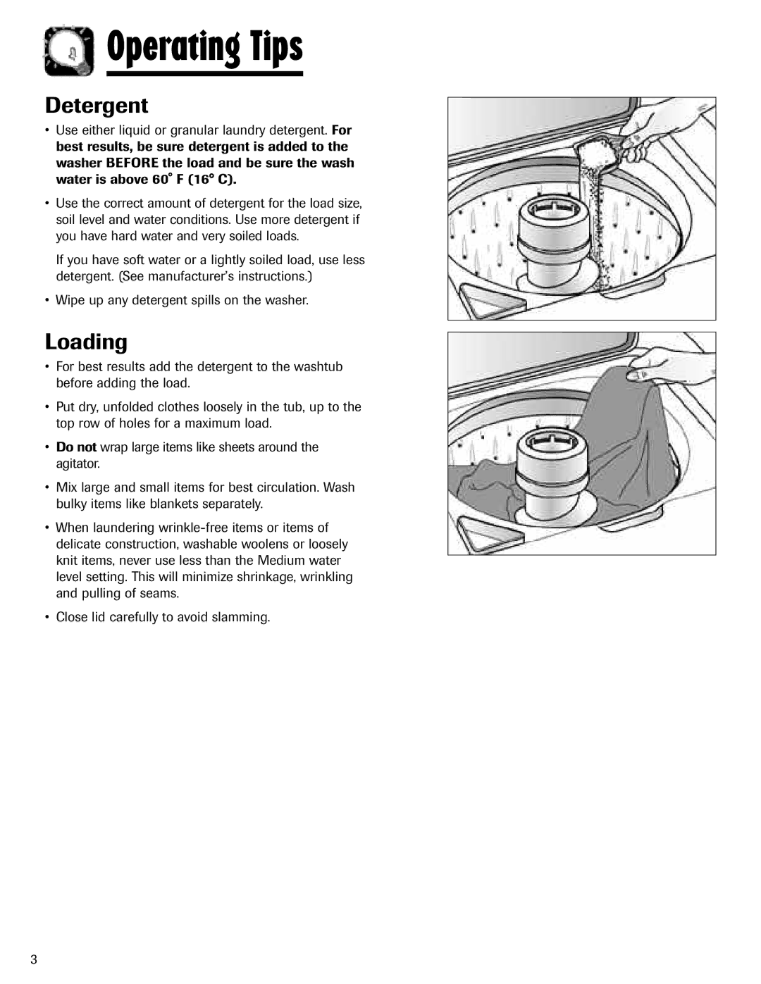 Maytag MAV-3 important safety instructions Operating Tips, Detergent, Loading 