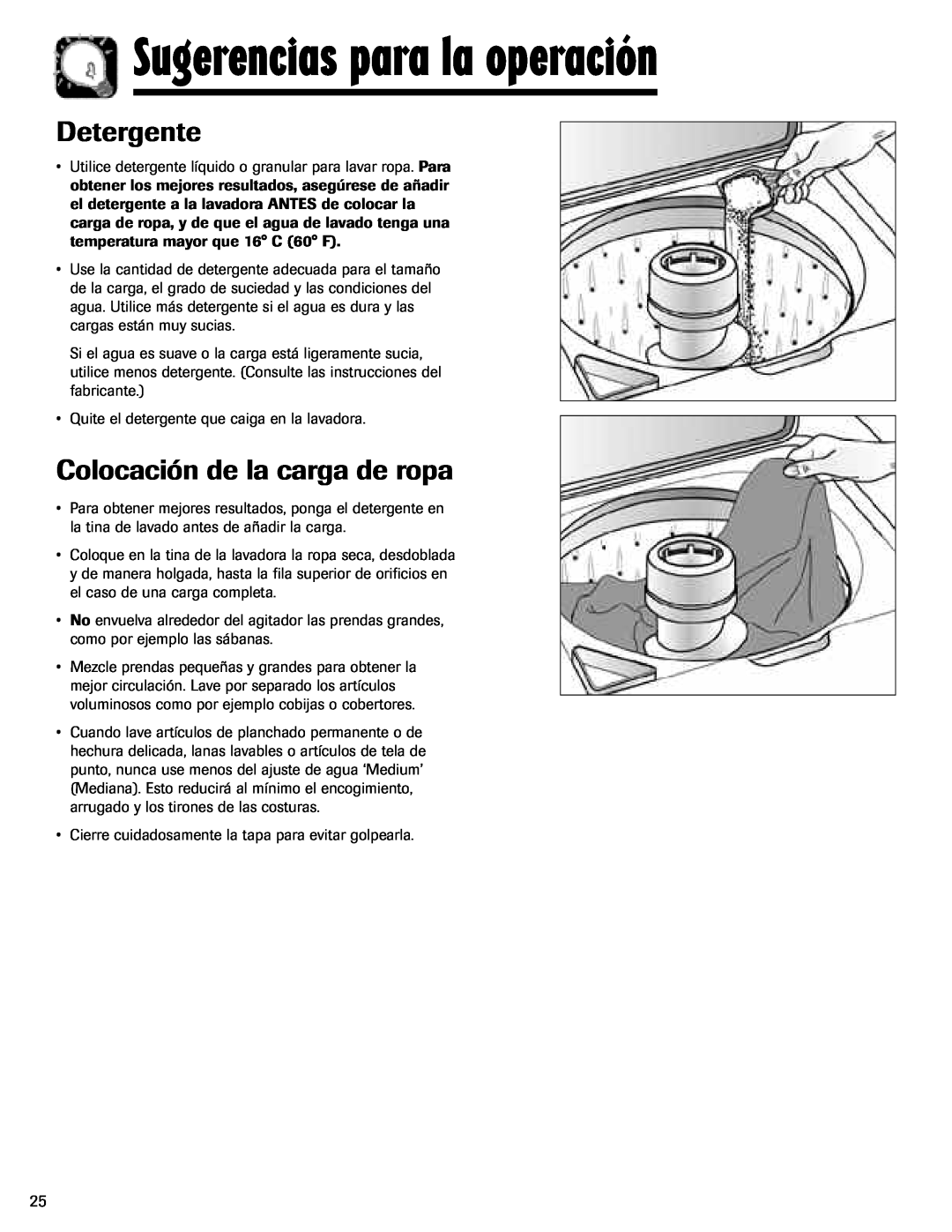 Maytag MAV-3 important safety instructions Sugerencias para la operación, Detergente, Colocación de la carga de ropa 