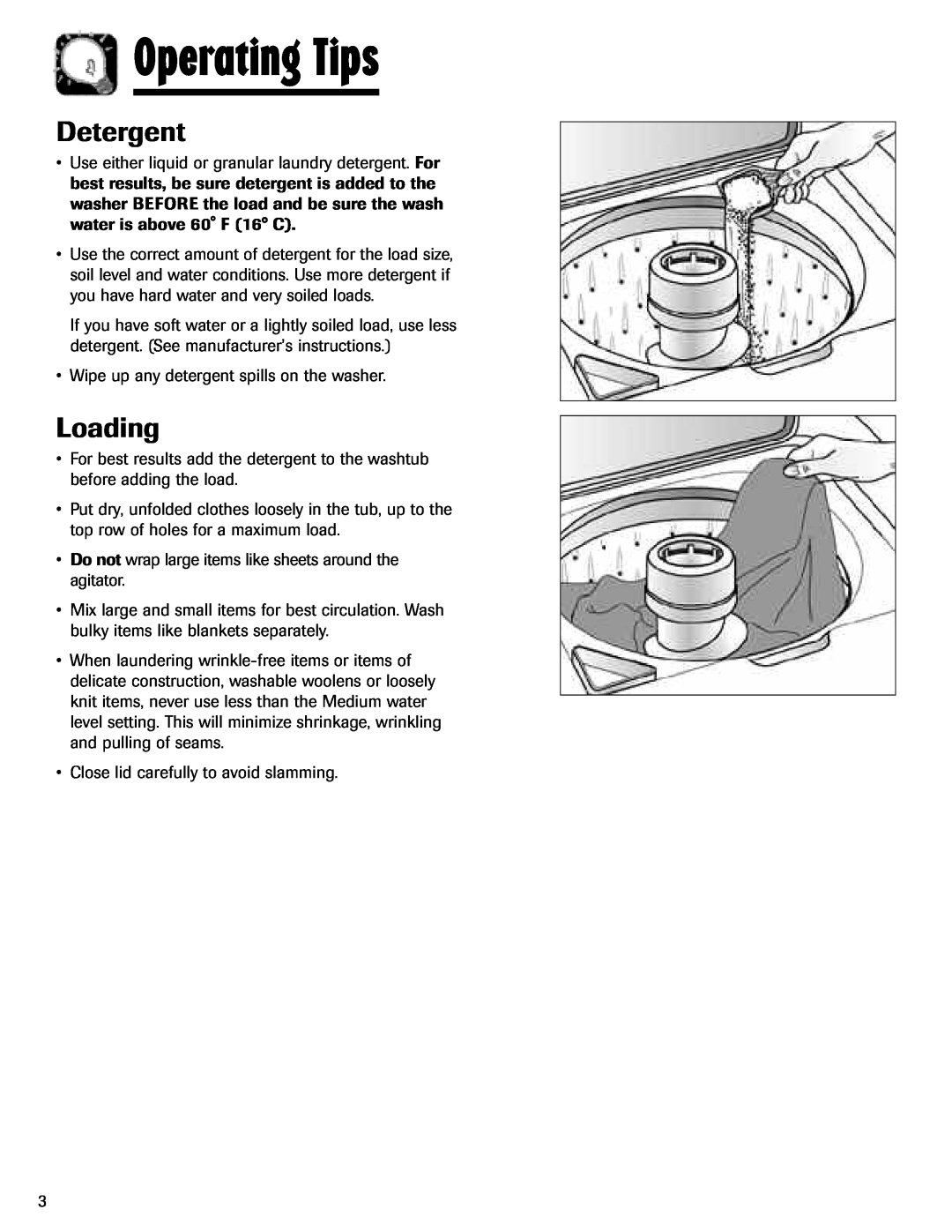 Maytag MAV-3 important safety instructions Operating Tips, Detergent, Loading 