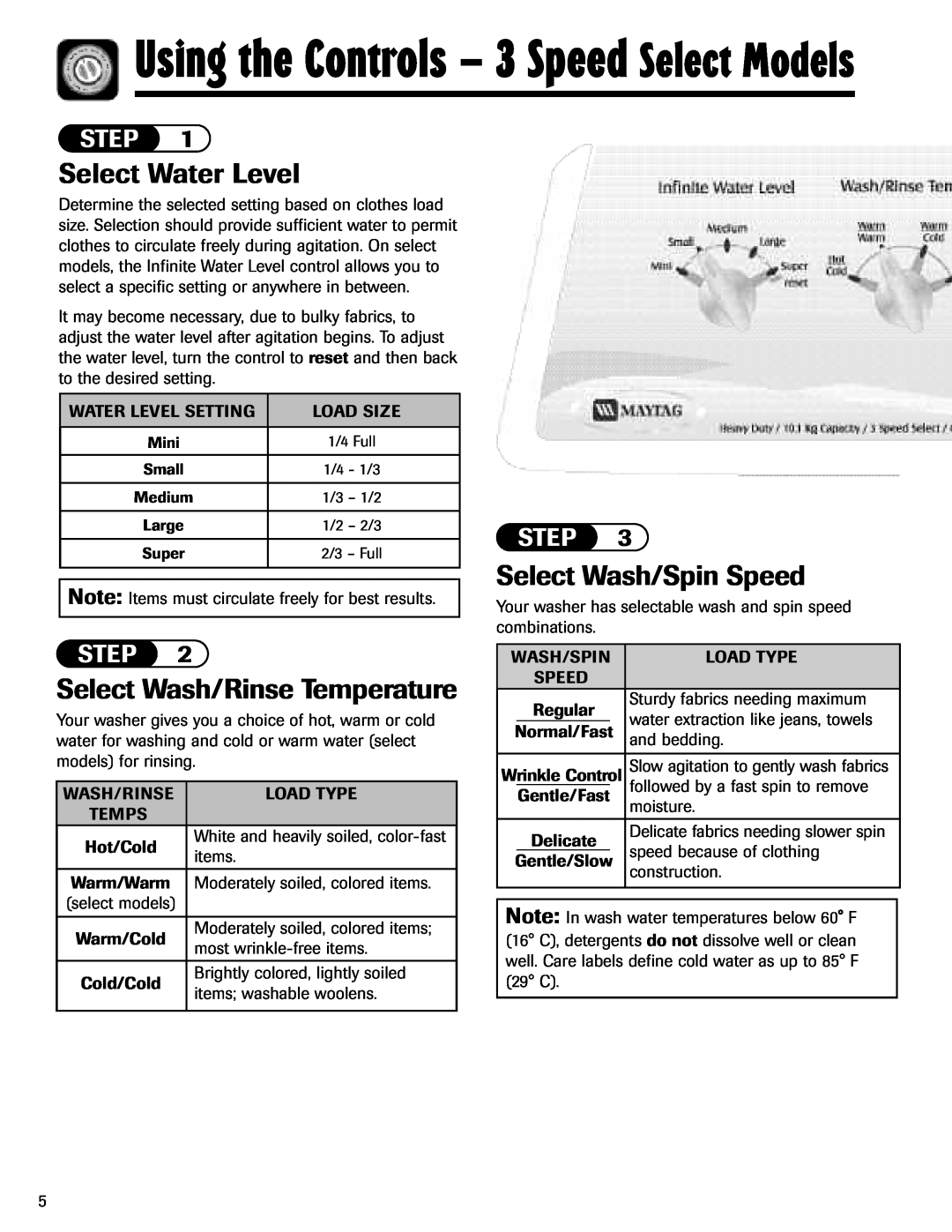 Maytag MAV-3 Using the Controls - 3 Speed Select Models, Select Water Level, Select Wash/Rinse Temperature, Step 